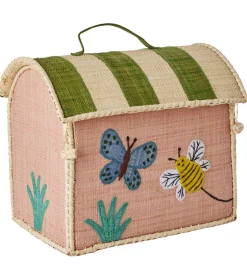 Rice Opbevaringskurv - Ekstra Lille Raffia Hus - Lyserød/Butterf